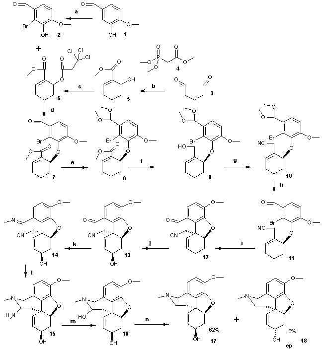  Scheme 1. Trost 2005 Galanthamine total synthesis:a bromine, sodium acetate, acetic acid, iron, rt b potassium carbonate, 2days c  Troc-Cl, DMAP, Pyridine, dichloromethane d palladium,Trost ligand, triethylamine, dichloromethane e 1.5 mol % TsOH, CH(OMe)3, methanol f DIBAL-H, toluene, -78 °C, 1 hr g  triphenylphosphine, acetonecyanohydrin, DIAD, diethyl ether h 2.20 mol % TsOH, THF, water i  15 mol % Palladium(II) acetate, 15 mol% dppp, 3 eq. Ag2CO3, toluene, 107 °C j selenium dioxide  disodium hydrogen phosphate dioxane, 150 °C 3 hrs k  methylamine ,methanol l 4 eq. DIBAL-H, m aqueous NaH2PO4 n NaCNBH3