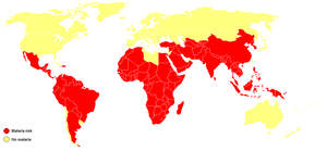 The countries where malaria is known to occur are shown in red. Source: CDC.