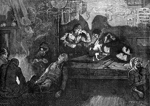 Depiction of opium smokers in an "opium den" in the East End of London, 1874.