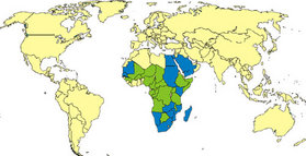 Distribution of Rift Valley Fever in Africa. Blue, countries with endemic disease and substantial outbreaks of RVF; green, countries known to have some cases, periodic isolation of virus, or serologic evidence of RVF.